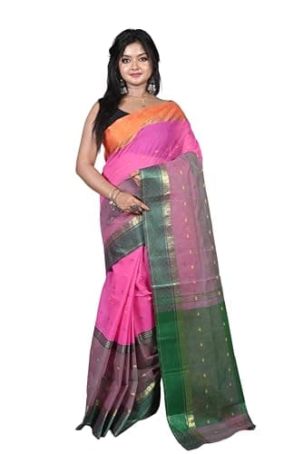 Bengal Looms India - Designer Bengal Tangail Hazar Butti Cotton Saree in Rose Pink, Mustard Golden and Dark Green - Ethnic Wear for Wedding, Festive & Party Occasions