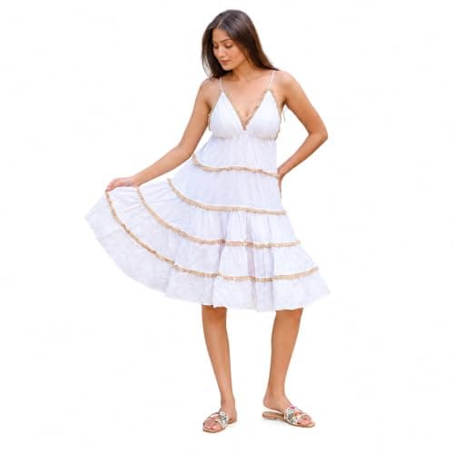 UniquePushkar Women's Four-Tier Frill Boho Short Dress | Sleeveless Deep V-Neck Cotton Blend Summer Dress | Layered Ruffle Mini Dress for Beach, Vacation, Casual & Resort Wear White 3