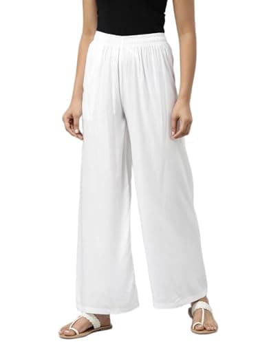 Go Colors Solid Viscose Basic Palazzo for Women | Mid Rise, Side Pockets, White_LPZ7_White_L