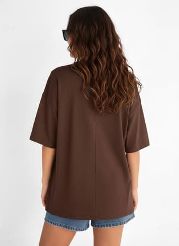 TQH Women's Casual Solid Round Neck Oversized Longline Drop Shoulder T-Shirt 2