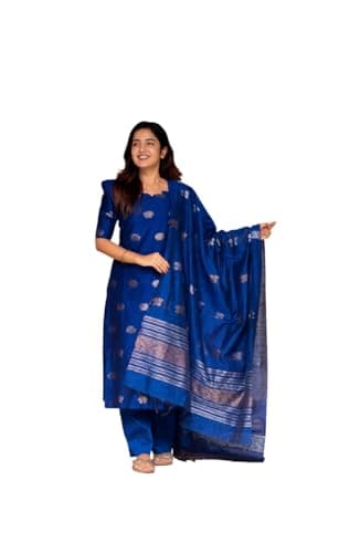 Women's Beautiful Kanchi Cotton Salwar Suit And Zari With Zalar Work kurti Set with Round Neck,Short Sleeve 3-Piece Traditional Kurti set For Any Occasion (IN, Alpha, L, Regular, Women, Blue)