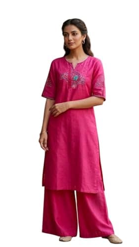 Women's Cotton A-Line Printed Co-Ord Set with Palazzo | Kurta Set for Women | A-Line Kurti Co-Ord Set | Printed Kurti Palazzo | Women Kurta Set (IN, Alpha, 2XL, Regular, Wome, Pink)