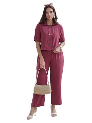 TITTLI Women Rayon Co-Ord Set | Wrinkle Fabric Crop Shirt and Trouser Set | Collar Neck Half Sleeve Elasticated Waist | Casual Wear and All Day Outfit | M to XXL