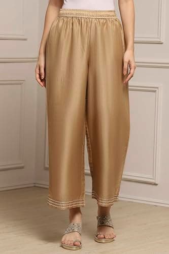 Biba Women Gold Polyester Straight Dyed Palazzo Pants_S 3