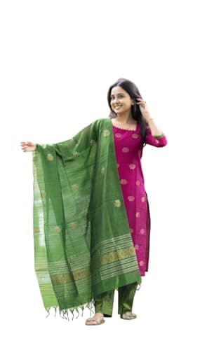 Women's Beautiful Kanchi Cotton Salwar Suit And Zari With Zalar Work kurti Set with Round Neck,Short Sleeve 3-Piece Traditional Kurti set For Any Occasion (IN, Alpha, 2XL, Regular, Women, Rani Pink)