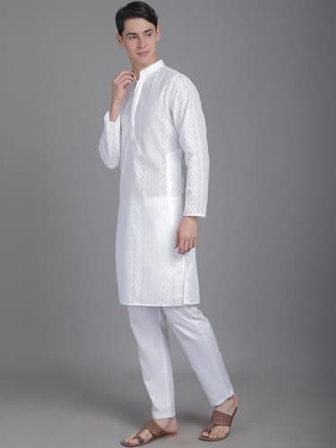 Majestic Man Men Cotton Regular Fit Embroidered Ethnic Motifs Double Plaket Kurta (White, Small) 3