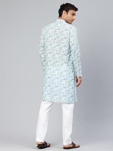 Majestic Man Cotton Mandarin Collar Ethnic Motifs Printed Long Regular Fit Kurta For Men (X-Large, Sky Blue) 4