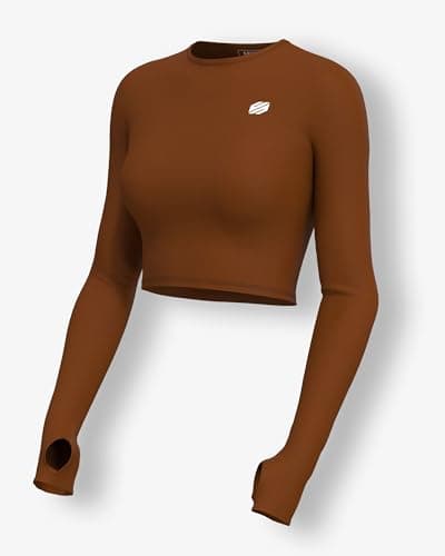 Sfytt Women's Activewear Crop Top, Long Sleeve with Thumbholes, Performance Gym Workout Top, Athletic Yoga Top, Clay Brown, Large 5