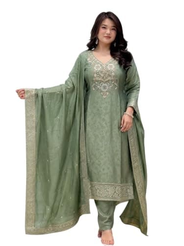 VASTRA SAILI by Women's Pure Malay Glass Tissue with Kanjivaram Handwork Nack Kurta Pent with Dupatta Suit Set. (IN, Alpha, L, Regular, Mint-Green)