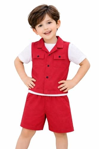 3BROS Kids Cotton Shirt Shorts Set for Boys Kids Clothing/Boys Clothing Set (Party/Festive) Wear (Red, 3-4 Years)