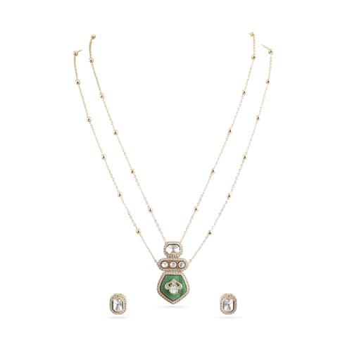 Rubans Gold Plated Cubic Zirconia Green Enamel Layered Pendant Necklace Set Festive Gift Jewellery for Women & Girls