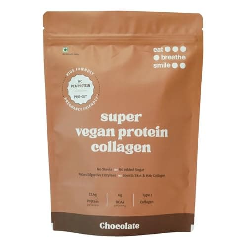Eat Breathe Smile Vegan Protein Powder with Collagen | Plant Based Protein for Women & Men | Supports Muscle, Skin, Hair & Gut Health | Dual Plant Protein | Zero Sugar | 500g (Pack of 1) | Chocolate