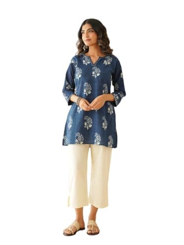 GOODHAND Cotton Short Kantha Kurti Elegant Hand Block Print for Comfortable Daily & Office Wear, Stylish and Versatile for Women Indigo
