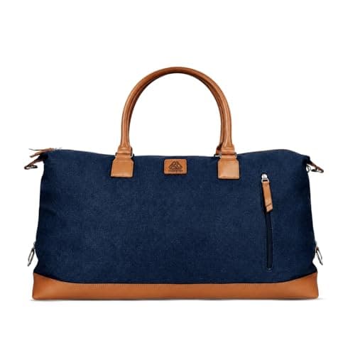 Packster Denaro 37L Weekender Duffle Bag for Men, Denim Travel Bag with Leatherette Handles, Adjustable Shoulder Strap, Front Zip Pocket, Water-Resistant, Lightweight Overnight Bag (Tan Navy)