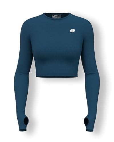 Sfytt Women's Activewear Crop Top, Long Sleeve with Thumbholes, Performance Gym Workout Top, Athletic Yoga Top, Navy Blue, X-Small