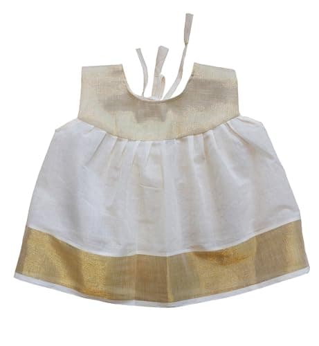 Picksparrow Newborn Baby Girl Traditional Dress/Kerala Kasavu Above The Knee Frock (0-3 Months) Offwhite