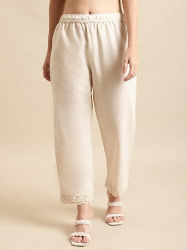 Pistaa's Women's Cotton Solid Regular Fit Palazzos (42, Natural) 3
