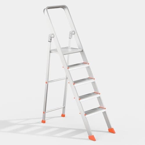 LALCO 5 Step Foldable Aluminum Step Ladder with Anti-Slip Steps & Rubber Feet | Heavy-Duty Portable Ladder for Home, Kitchen, Office & Indoor Use (5 Steps)