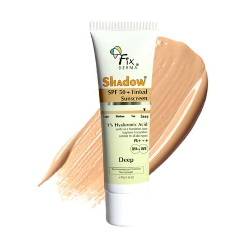 Fixderma Shadow Tinted Sunscreen Deep SPF 50 PA+++ | 1% Hyaluronic Acid & Vitamin E | Brightens & Nourishes the Skin | UVA & UVB Protection | Lightweight | No White Cast | For All Skin Types - 30gm 2