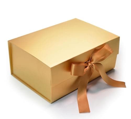 RBS®-Elegant Gold Gift Box with Ribbon (23 x 16 x 10cm) Empty Gift Boxes (1 Pack) Hamper Box Holds Upto 5 kg Gift Box for Presents Reuse Gift Packing Box Decorative Christmas Hamper Box (Elegant Gold)