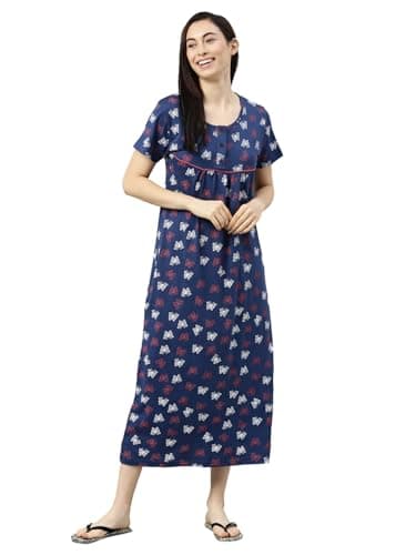 KRYPTIC Womens Navy Printed Pure Cotton Maxi Nightdress(Navy_2-S)