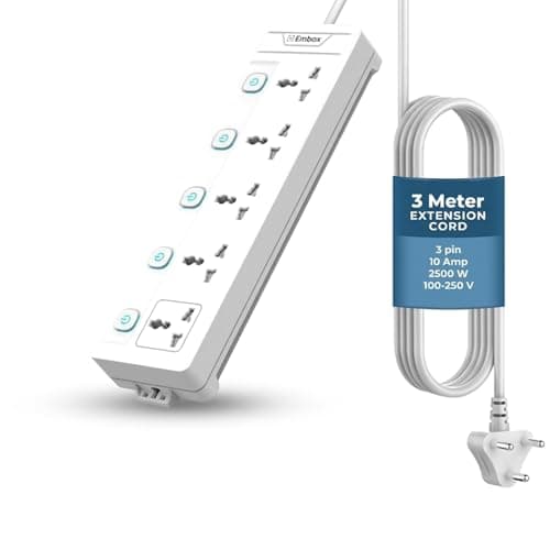 EMBOX Extension Board with Switches 2500 W, 5 Universal Sockets, Individual Switch, Safety Shutter, 6 amp Spike Guard, LED Indicator and Safety Shutter