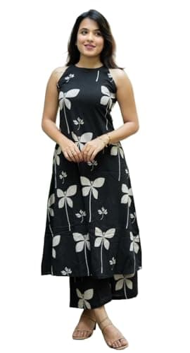 Nermosa Women Pure Cotton Kurta Palazzo Set | Sleeveless Printed Kurta with Palazzo Pants | Summer Friendly, Office Wear Co-Ord Set