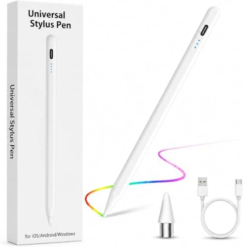 Universal Stylus Pen for Touchscreens, Rechargeable Fine Tip Digital Pen for Writing, Drawing & Note-Taking, Works with Android and iOS Devices (White)