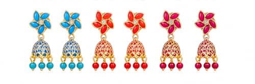 Traditional Jhumka Earrings Combo, Pink, Blue and Black, Crystal Top with Pearl Drops, Set of 3 Pairs (4)