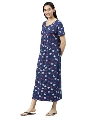 KRYPTIC Womens Navy Printed Pure Cotton Maxi Nightdress(Navy_2-S) 3