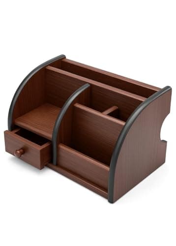 Wooden Desk Organizer with Drawer & Multiple Compartments for Office, Study Table, Pen Stand, Stationery & Accessories Holder (Brown & Black)