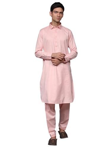 Exotic India Men's Solid Color Pathani Poly Cotton Kurta Pajama Set | Ethnic Wear Kurta Pant Combo Set for Festive Wedding Party Seashell Pink