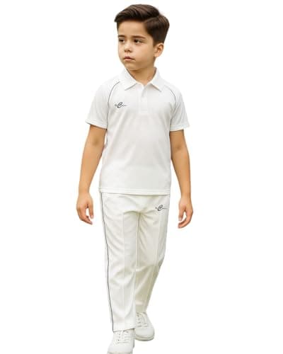 Unisex Kids White Cricket Jersey & Trouser Set – Breathable Polyester with DARK GREY Piping (4-5)