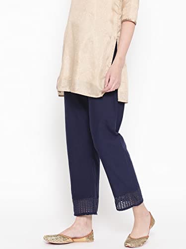 Vastraa Fusion Straight Regular Fit Stylish Solid Cotton Embroidered Lace Palazzo or Bottoms for Women's and Girls (VASTRAATS0130) Navy Blue 4