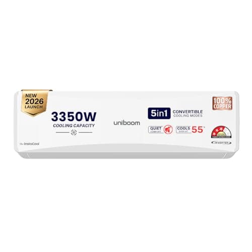 Uniboom 1 Ton 3 Star Inverter Split AC 2026, 100% Copper, 5-in-1 Convertible, Dual Blue Fin, High Cooling at 55°C, Long Air Throw, Dust Filter, Self Clean, Auto Restart, RAS-1233N3-XD1E3, White