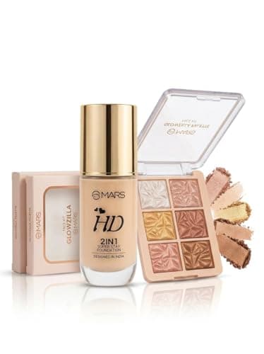 Ultimate Glow Makeup Combo - 2-in-1 HD Super Stay Foundation, Glowzila 6-Shade Highlighter Face- Long Lasting, Full Coverage Professional Makeup Set (Highlighter & HD 2in1) 2
