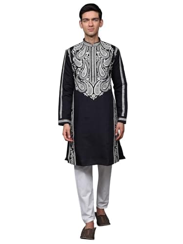 Exotic India Thread Embroidered Motif Art Silk Kurta with Cotton Pant Style Pajama | Ethnic Dress Kurta Pajama Combo Set for Men's Jet Black