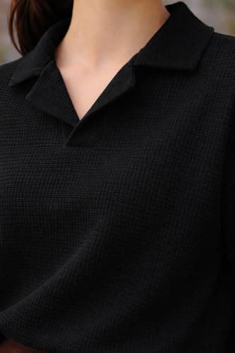 Zilcon Women’s Elegant Polo Neck Short Sleeve White T-Shirt | Minimal Casual Wear(Black_XL) 5
