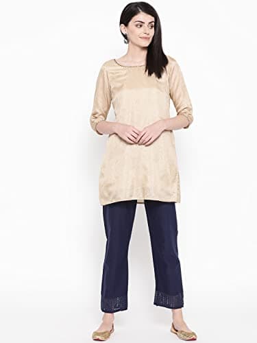 Vastraa Fusion Straight Regular Fit Stylish Solid Cotton Embroidered Lace Palazzo or Bottoms for Women's and Girls (VASTRAATS0130) Navy Blue 5