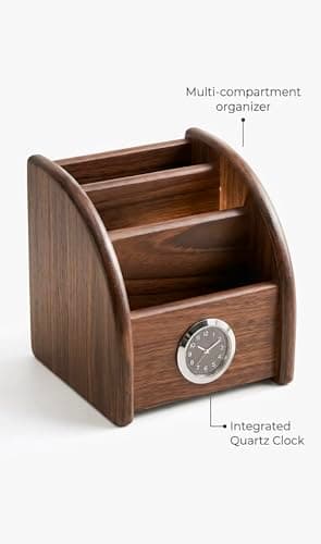 PUSHCREST Wooden Desktop Organizer with Clock, Dark Brown 3-Tier Letter Holder, Mail Sorter for Office Documents, Built-in Analogue Clock, Desktop Mounting 3