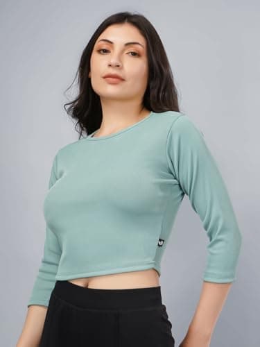 Plus Size Womens Tshirts Tops 3/4th Sleeve Crop Tops Slim Fit Gym Workout Top 3
