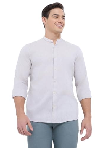 Raymond Men Regular Fit Chambray Pattern Cotton Linen Blend Mandarin Collar Full Sleeve Casual Shirt (Size: 44)-RCSM01923-F4