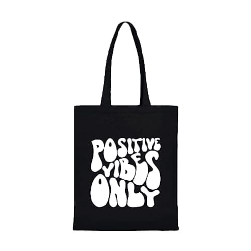 Clapcart Black Canvas Tote Bag for Women | Printed Multipurpose Cotton Zipper Bags | Cute Hand Bag for Girls (Positive Vibes Only Print)