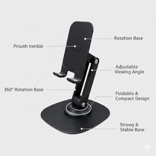 Adjustable Mobile Stand for Desk | Foldable Phone Holder with 360° Rotation | Multi-Angle Viewing, Anti-Slip Base | Portable Stand for All Smartphones (Black) | Mobile Stand for Online Class 2