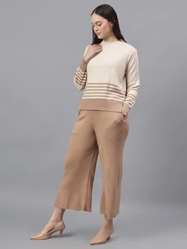Cantabil Stripe Beige Spread Collar Long Sleeves Regular Fit Women Casual Co-ord Set Ladies Co-ord Set for Winter Wear (LCOR000014_Ivory_L) 2