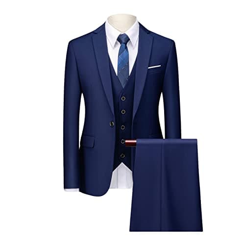 Maiyifu-GJ Men's 3 Piece Solid Color Suit Set Single Breasted Slim Fit Jacket Vest Pants Business Wedding Prom Blazer Sets (Dark Blue 1,X-Large)