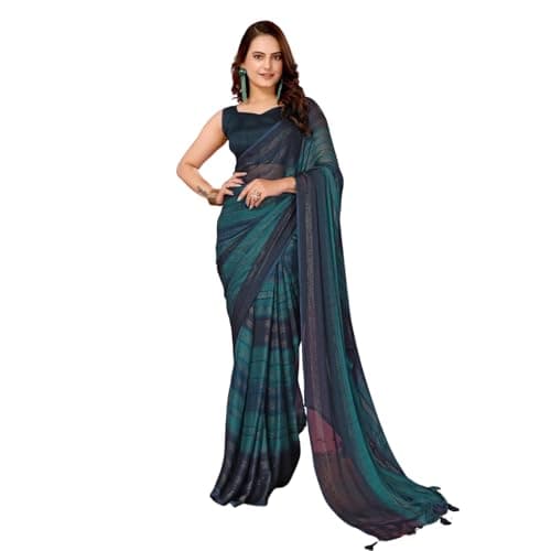 Kaugalian Store Women's Nylon Shimmer Ready to Wear Saree with Ruffled Border and Bangalori Satin Blouse | Rama Color | Nylon with Bangalori Satin Blouse | Ready to Wear Saree | Party and Festive Occa