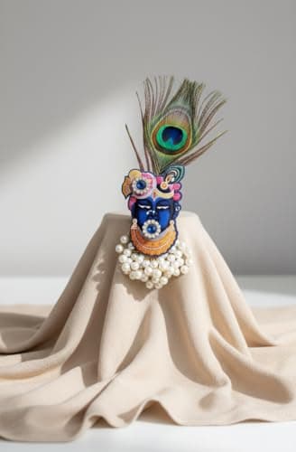 Shree Nath Ji Brooch with Peacock Feather & Synthetic Pearl | Handmade Devotional Cardboard/Crushwood Brooch | Shrinathji Krishna Ethnic for Women & Men | Festive Gift 4