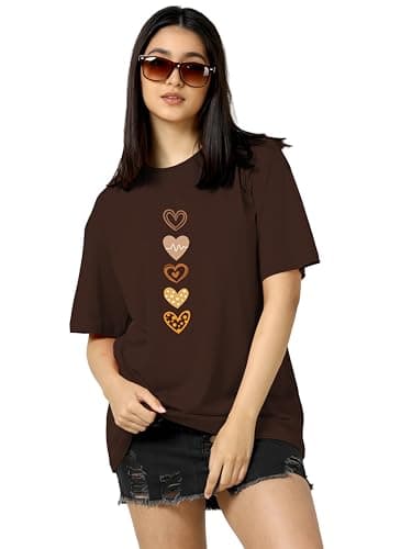 TQH Round Neck Drop Shoulder Brown Graphic Printed Cotton Blend Oversized T-Shirt for Women