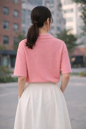 Zilcon Women’s Elegant Polo Neck Short Sleeve White T-Shirt | Minimal Casual Wear(Pink_S (s)) 2